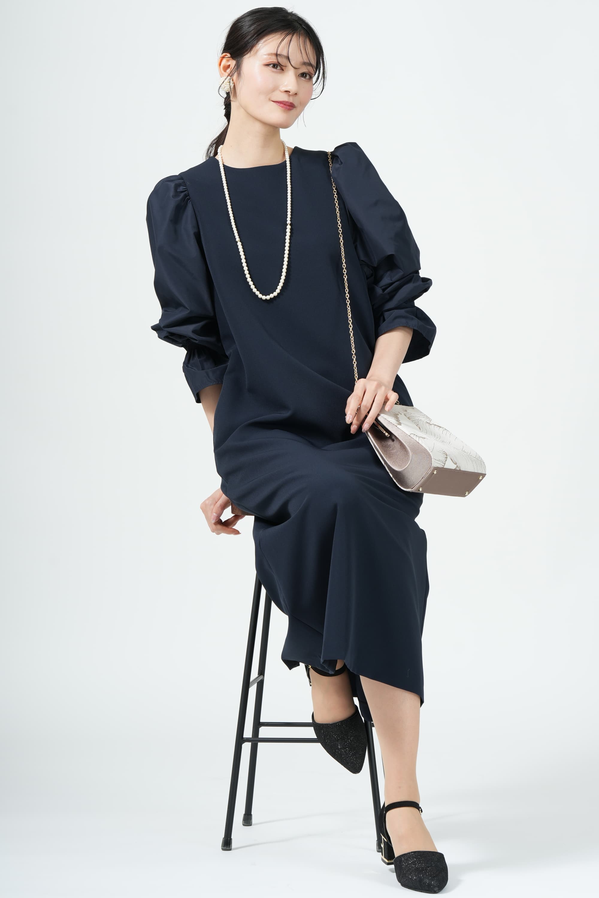 異素材キャンディースリーブネイビードレス