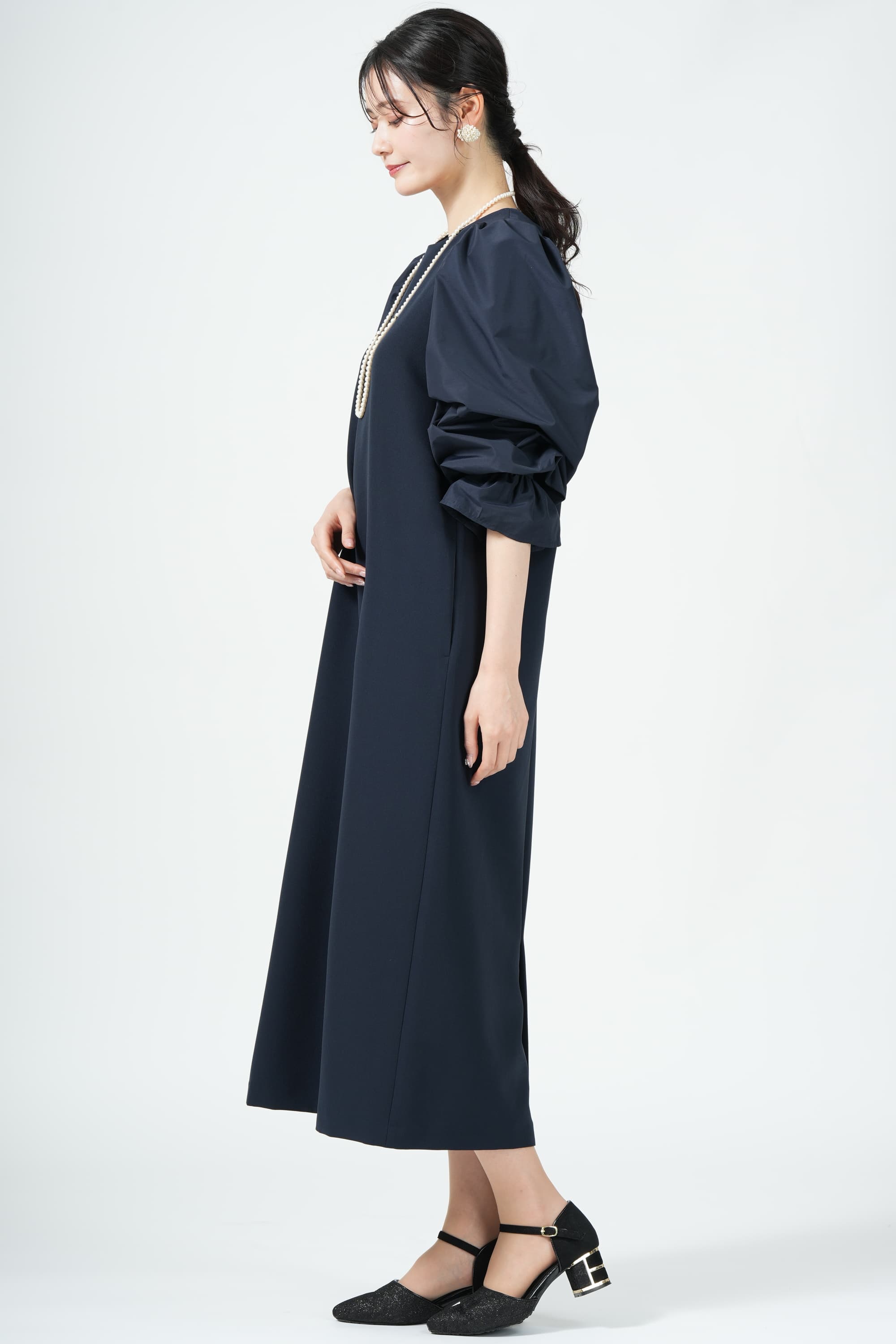異素材キャンディースリーブネイビードレス