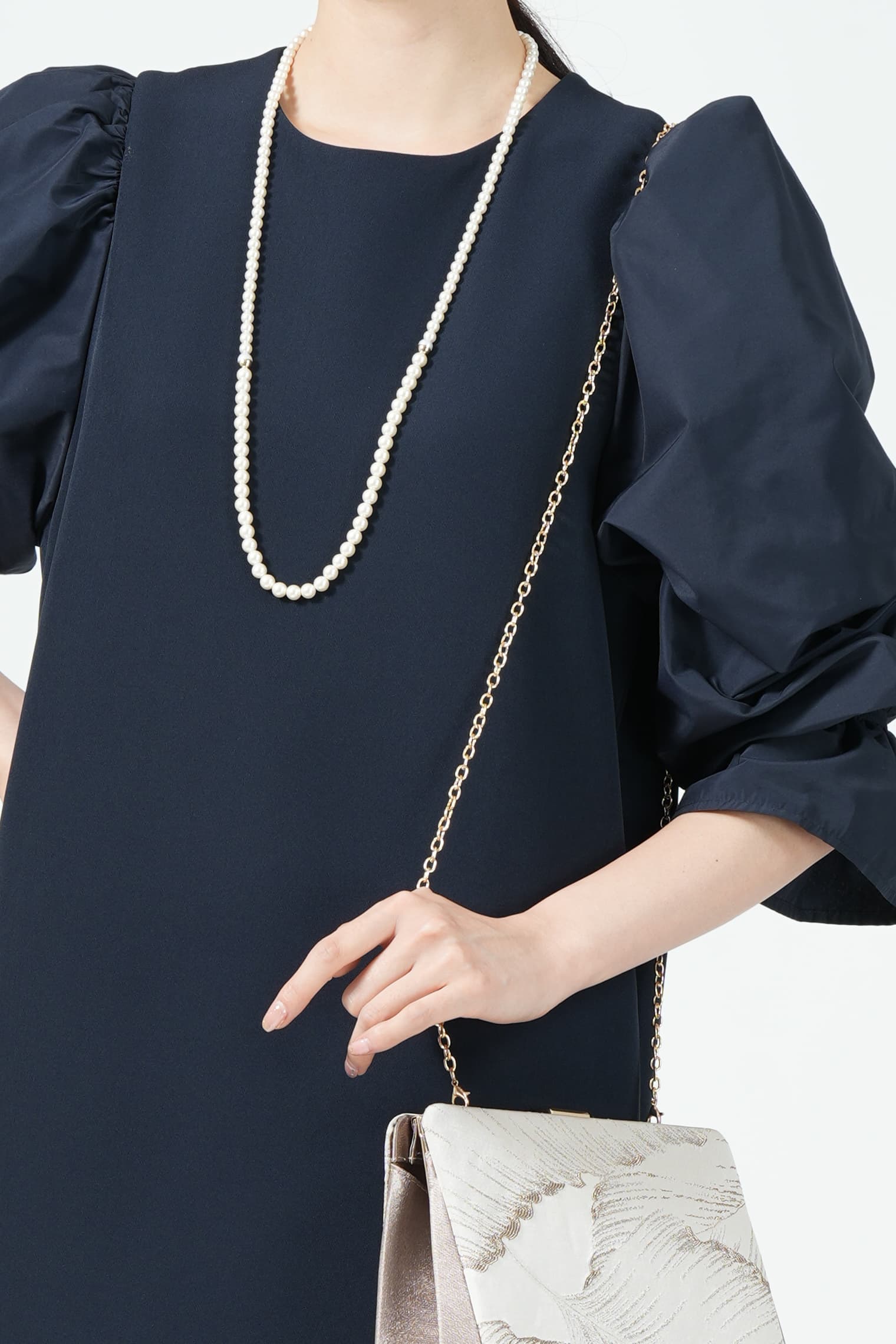 異素材キャンディースリーブネイビードレス