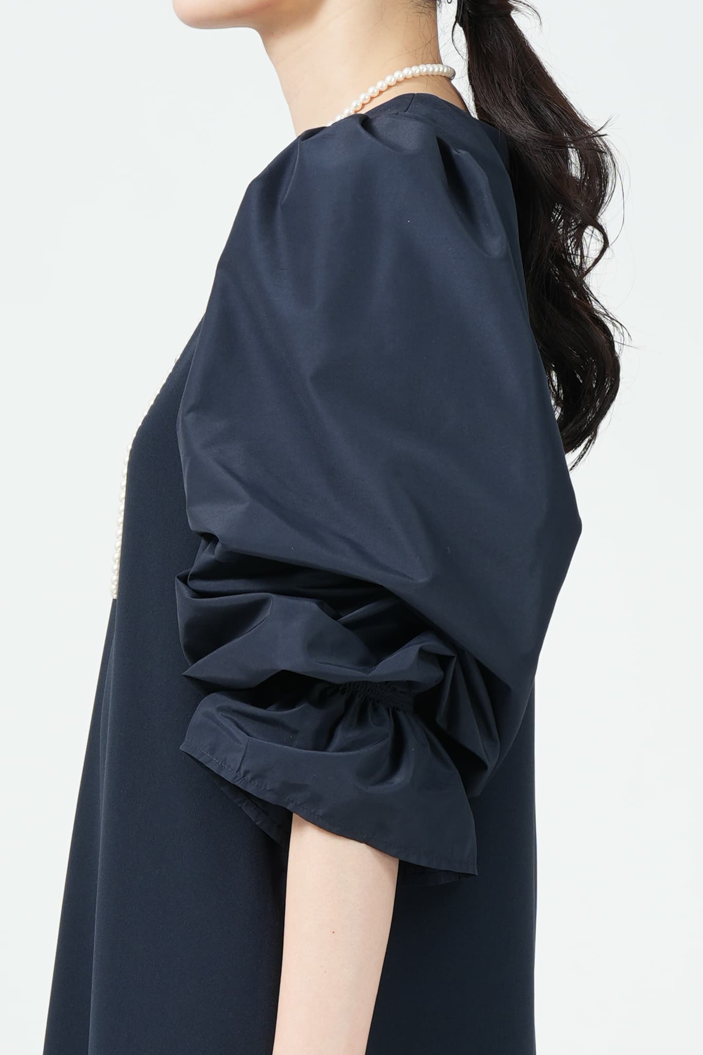 異素材キャンディースリーブネイビードレス