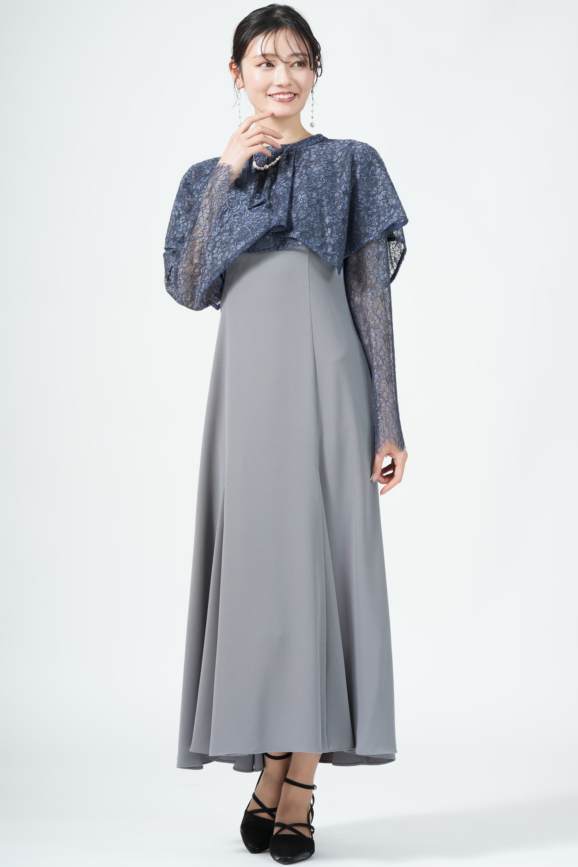 ケープ風フラワーボレロブルードレス