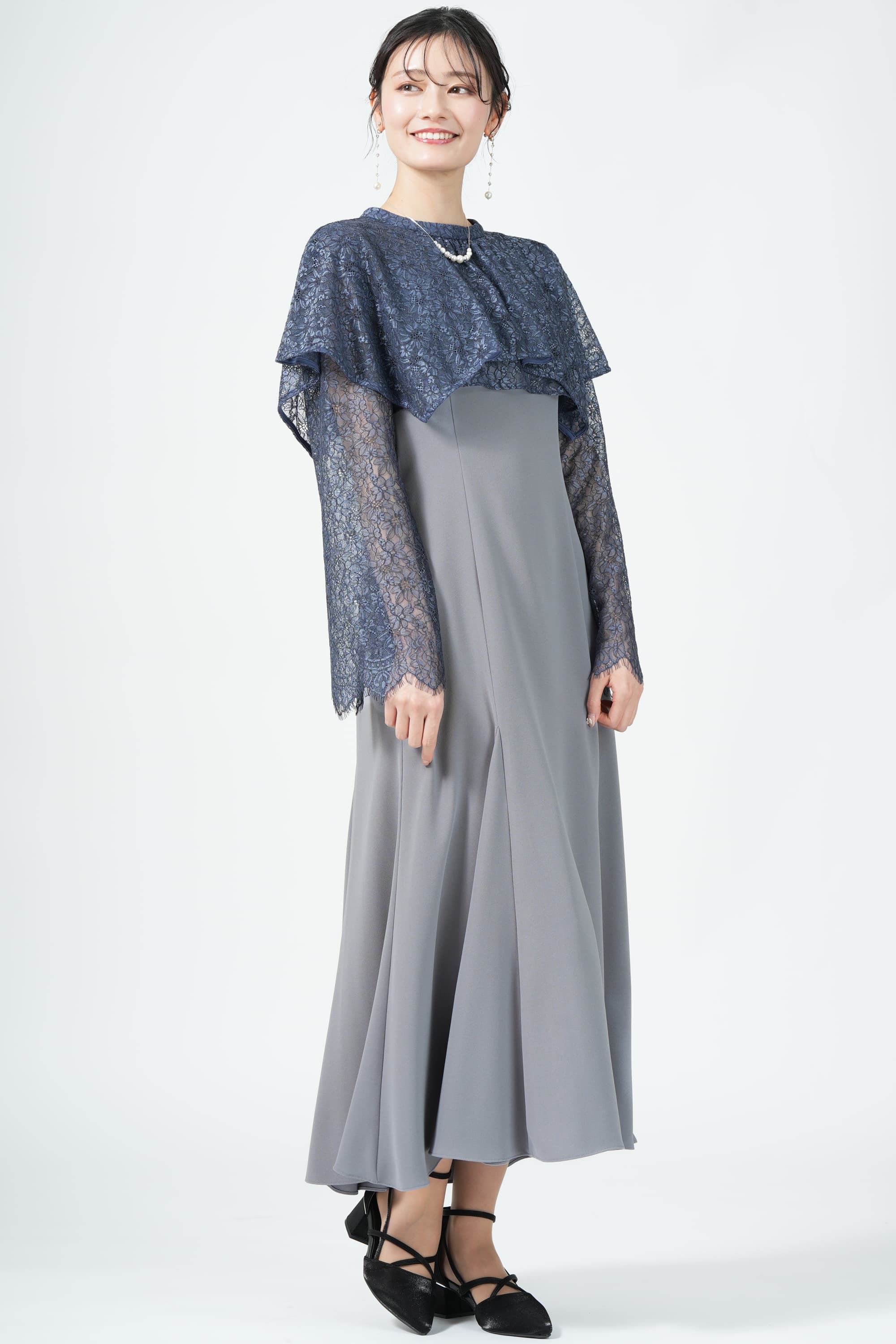 ケープ風フラワーボレロブルードレス