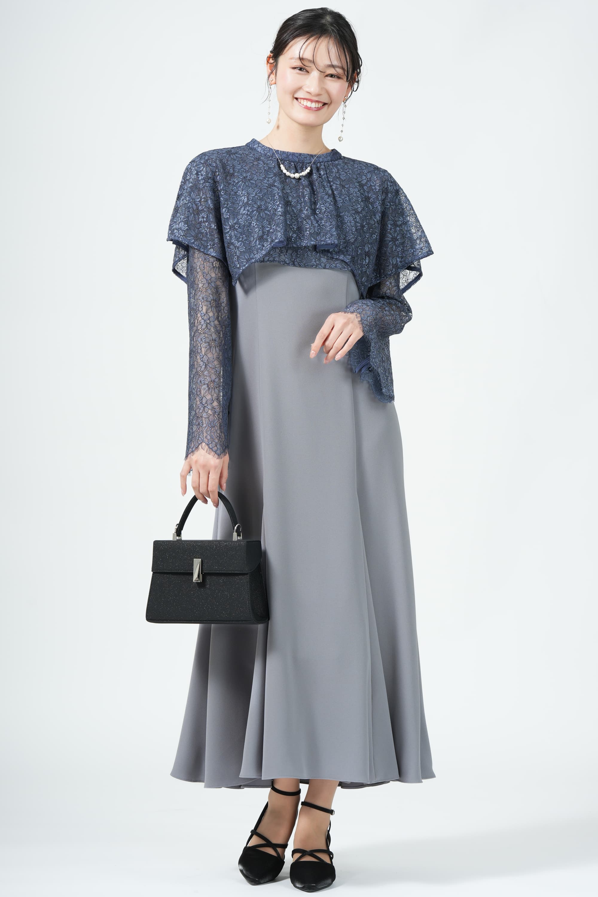 ケープ風フラワーボレロブルードレス