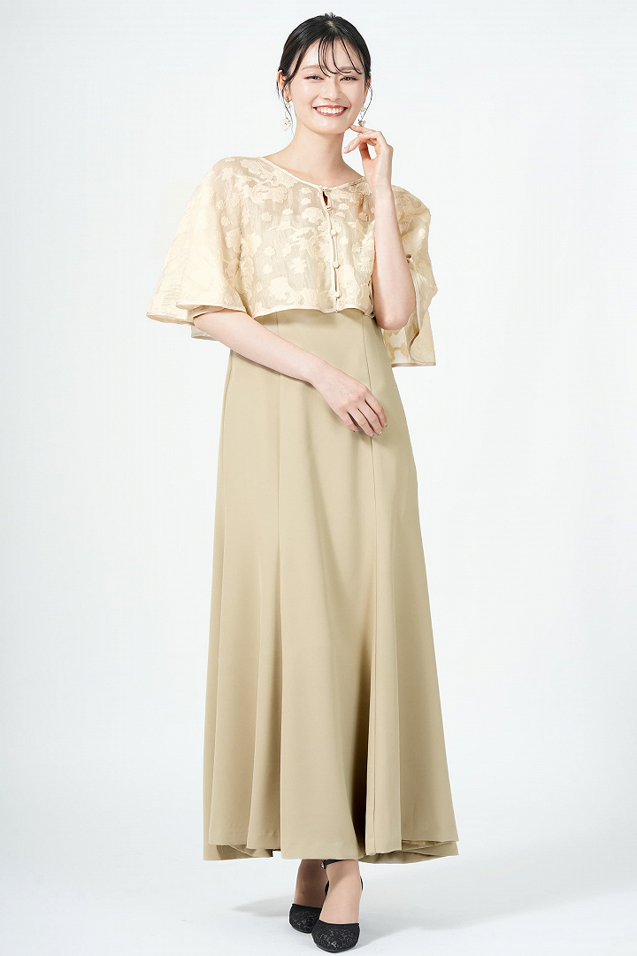 フラワー柄ケープ付きベージュドレス