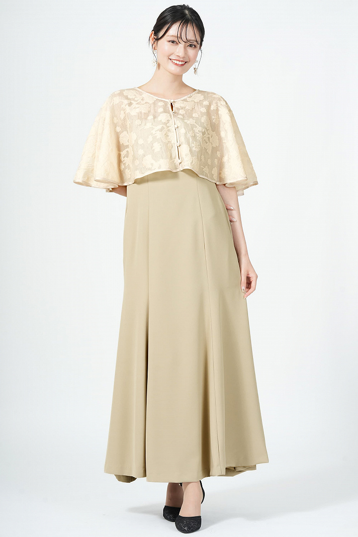 フラワー柄ケープ付きベージュドレス