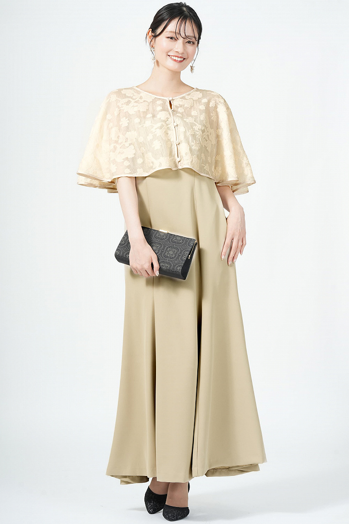 フラワー柄ケープ付きベージュドレス