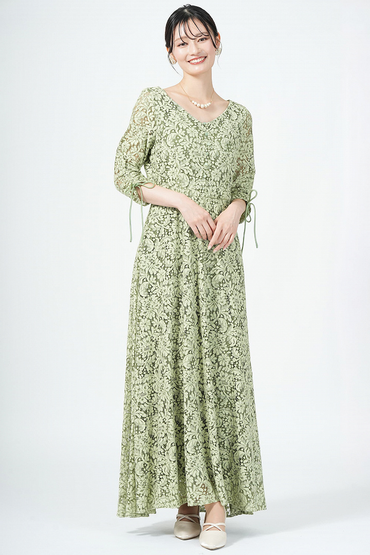 バックオープン花柄レースグリーンドレス