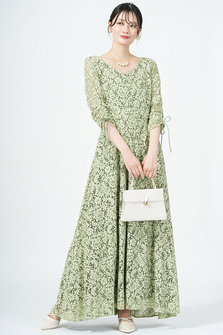 バックオープン花柄レースグリーンドレス