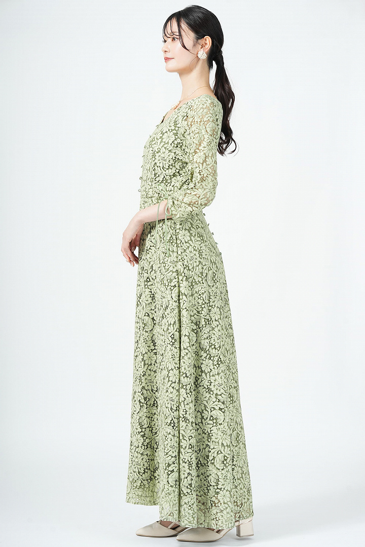 バックオープン花柄レースグリーンドレス