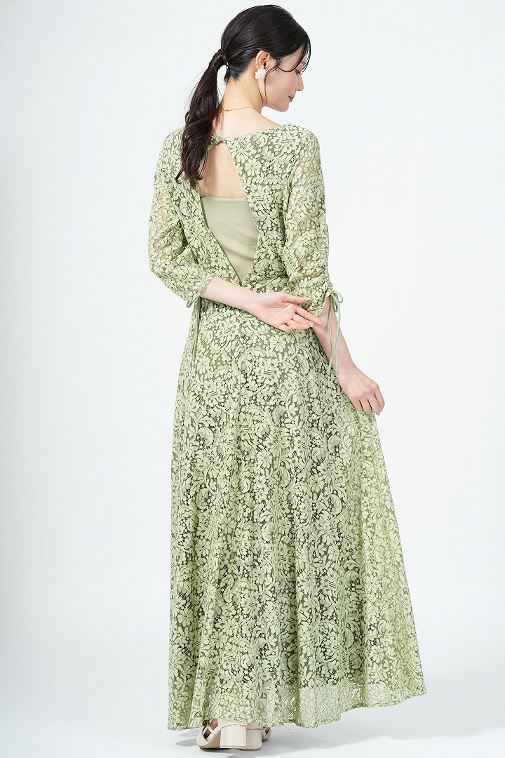 バックオープン花柄レースグリーンドレス