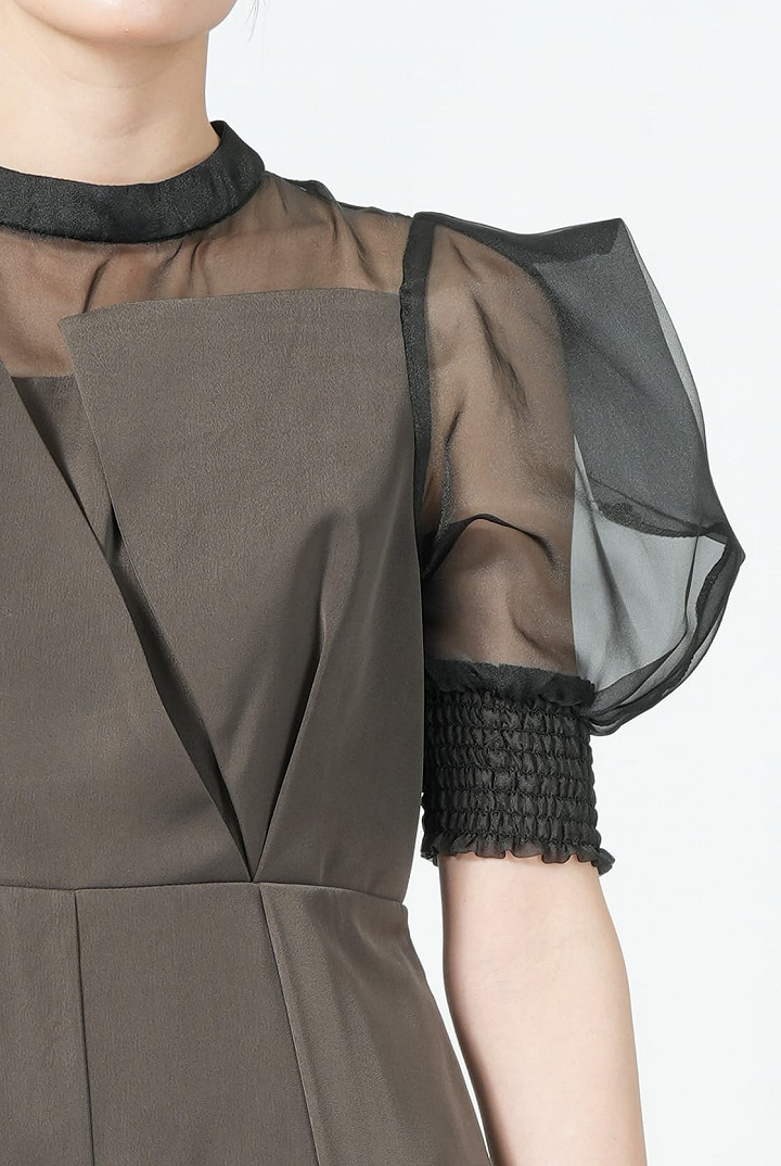 ボックス袖オリーブブラウンパンツドレス