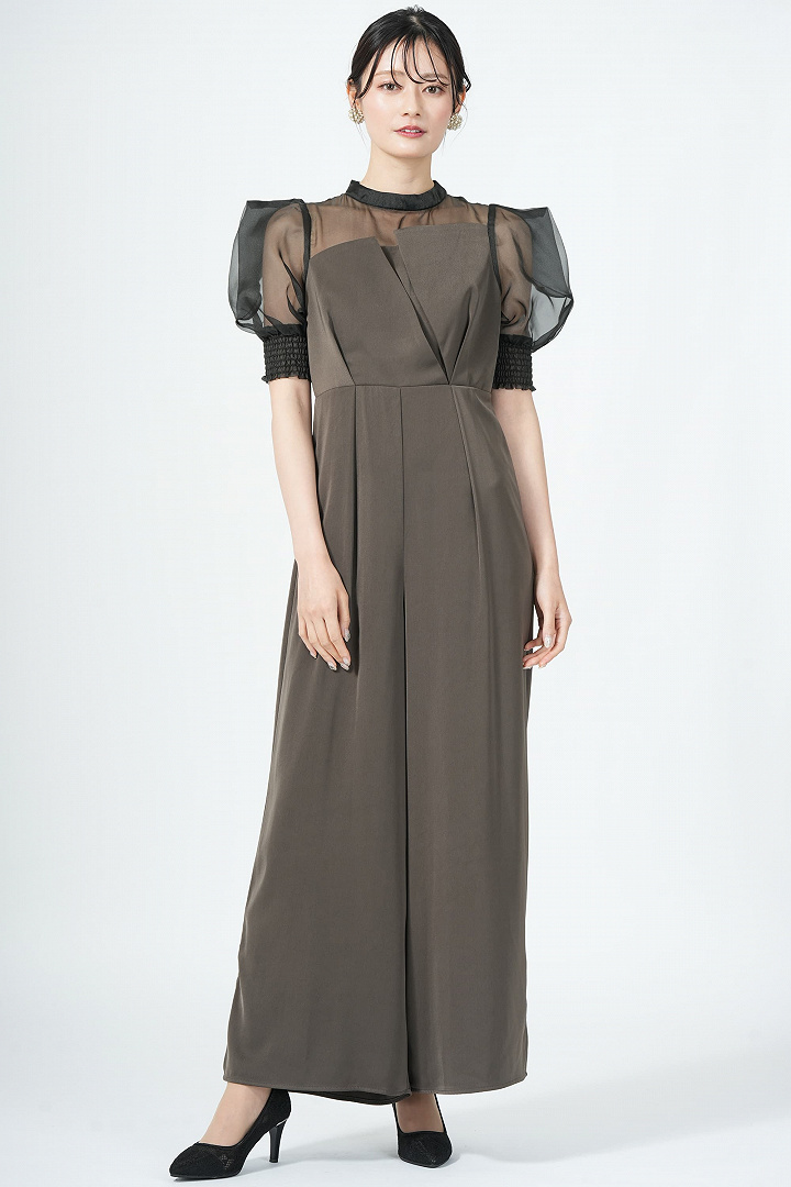 ボックス袖オリーブブラウンパンツドレス