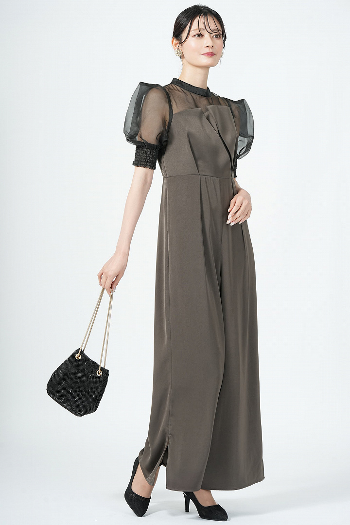 ボックス袖オリーブブラウンパンツドレス