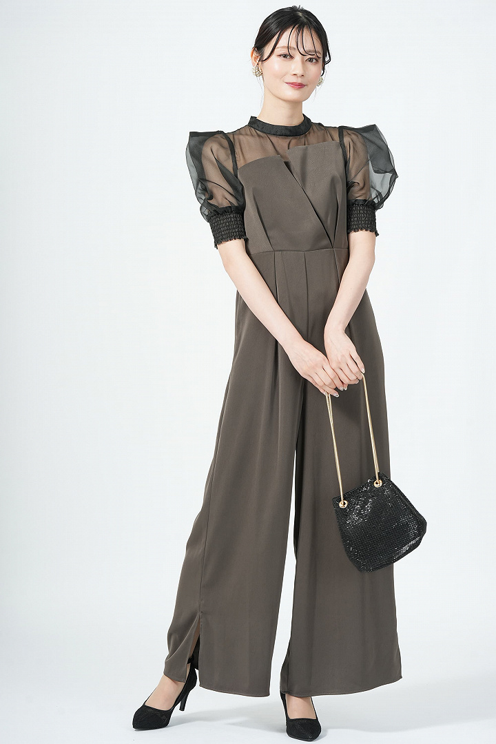 ボックス袖オリーブブラウンパンツドレス