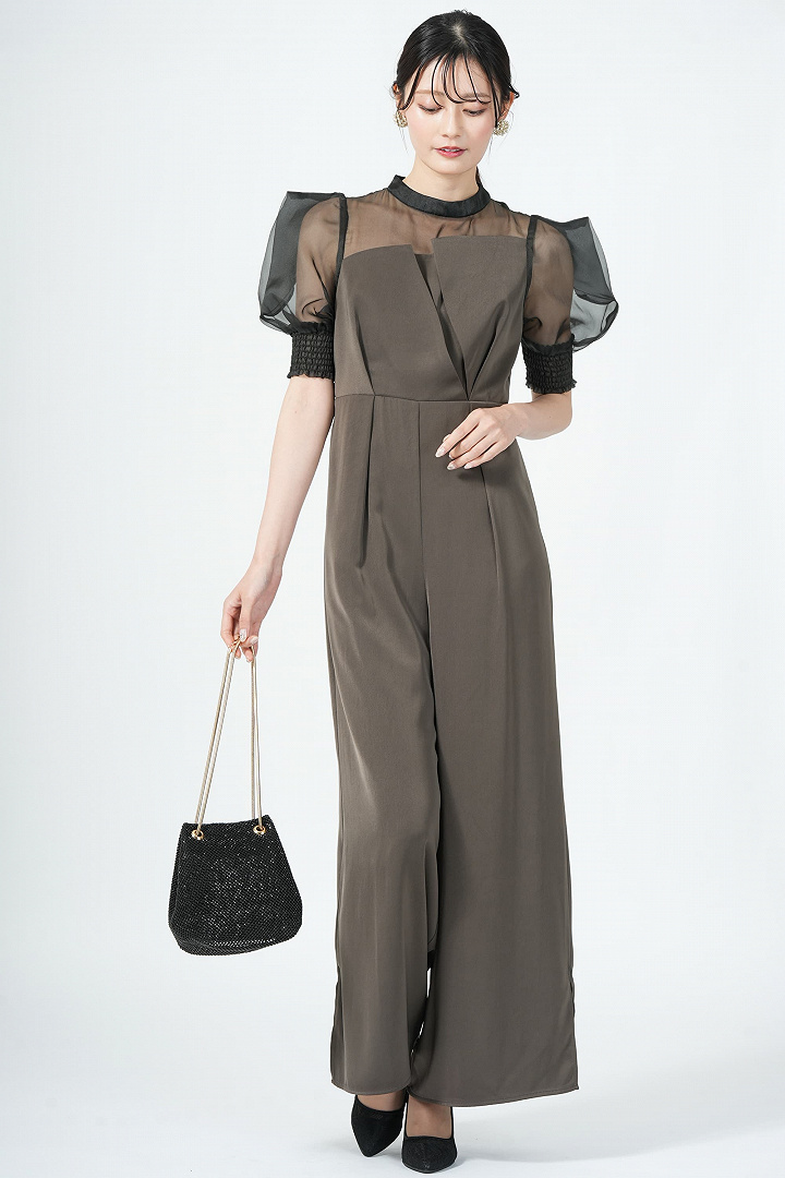 ボックス袖オリーブブラウンパンツドレス