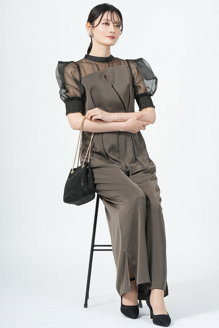 ボックス袖オリーブブラウンパンツドレス