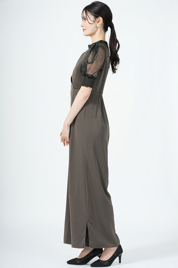 ボックス袖オリーブブラウンパンツドレス