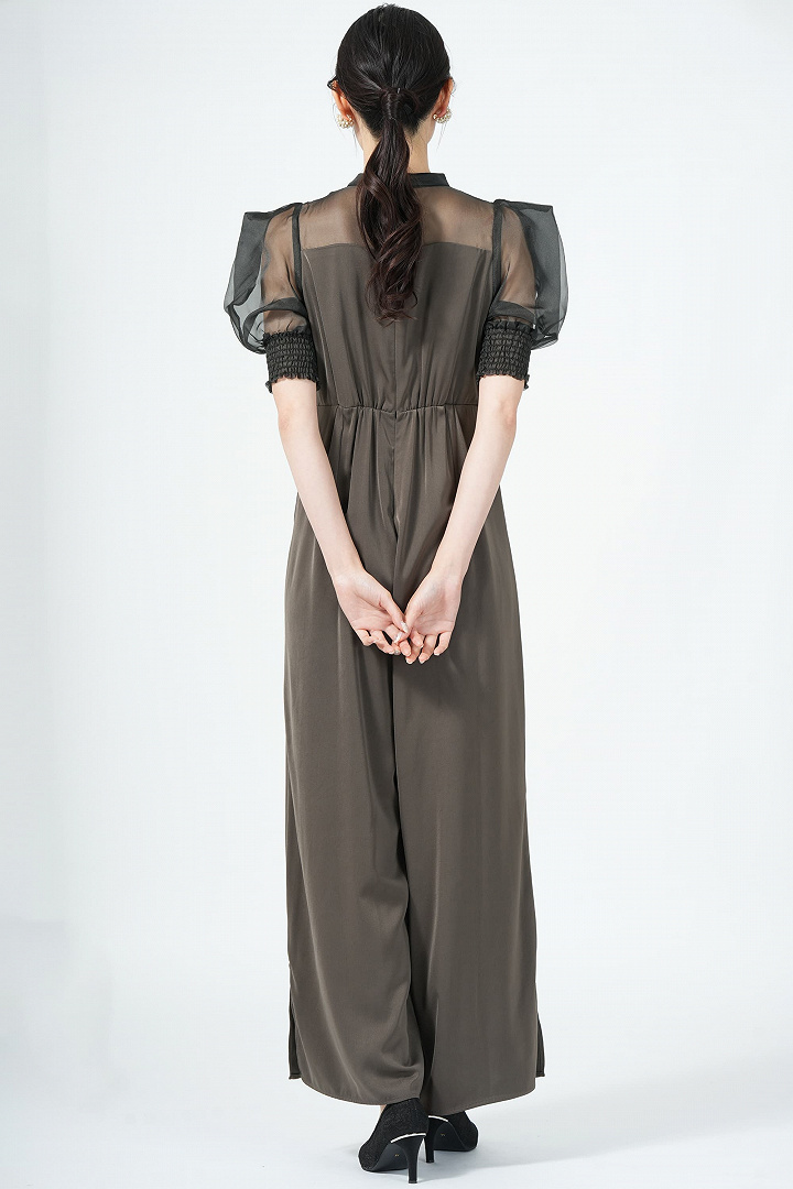 ボックス袖オリーブブラウンパンツドレス