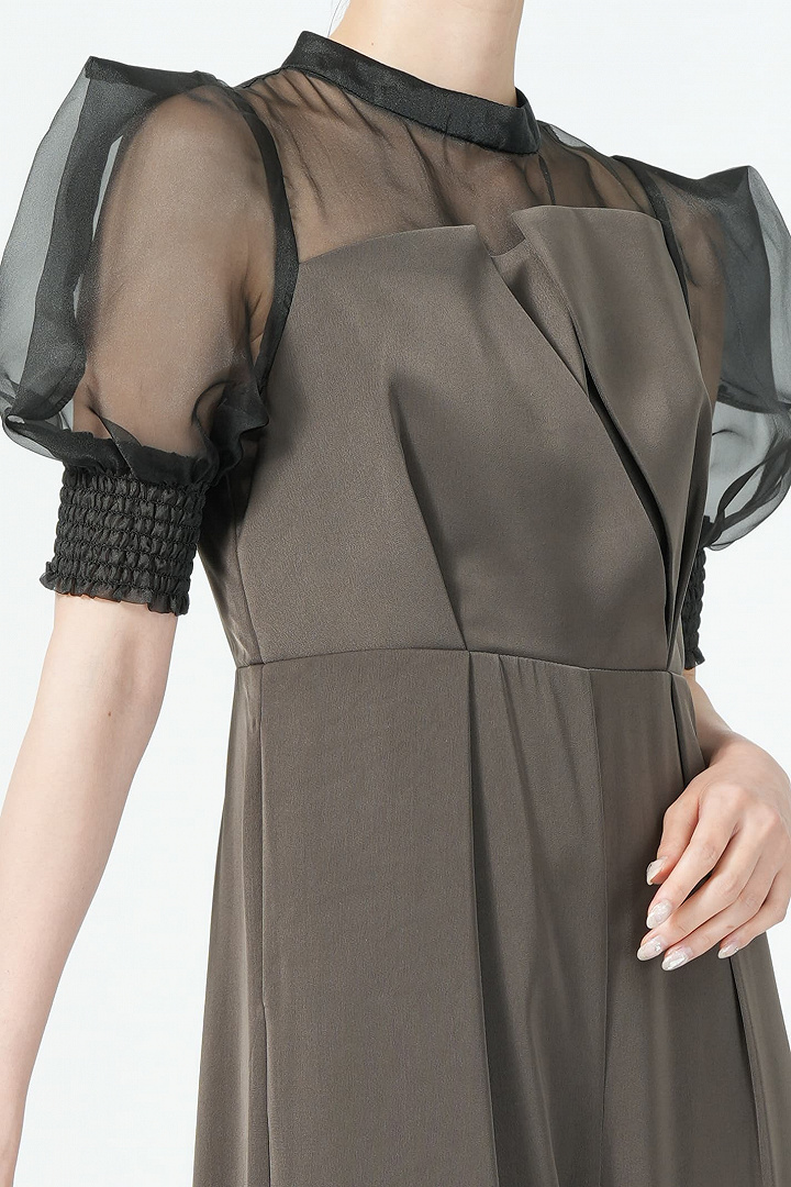 ボックス袖オリーブブラウンパンツドレス