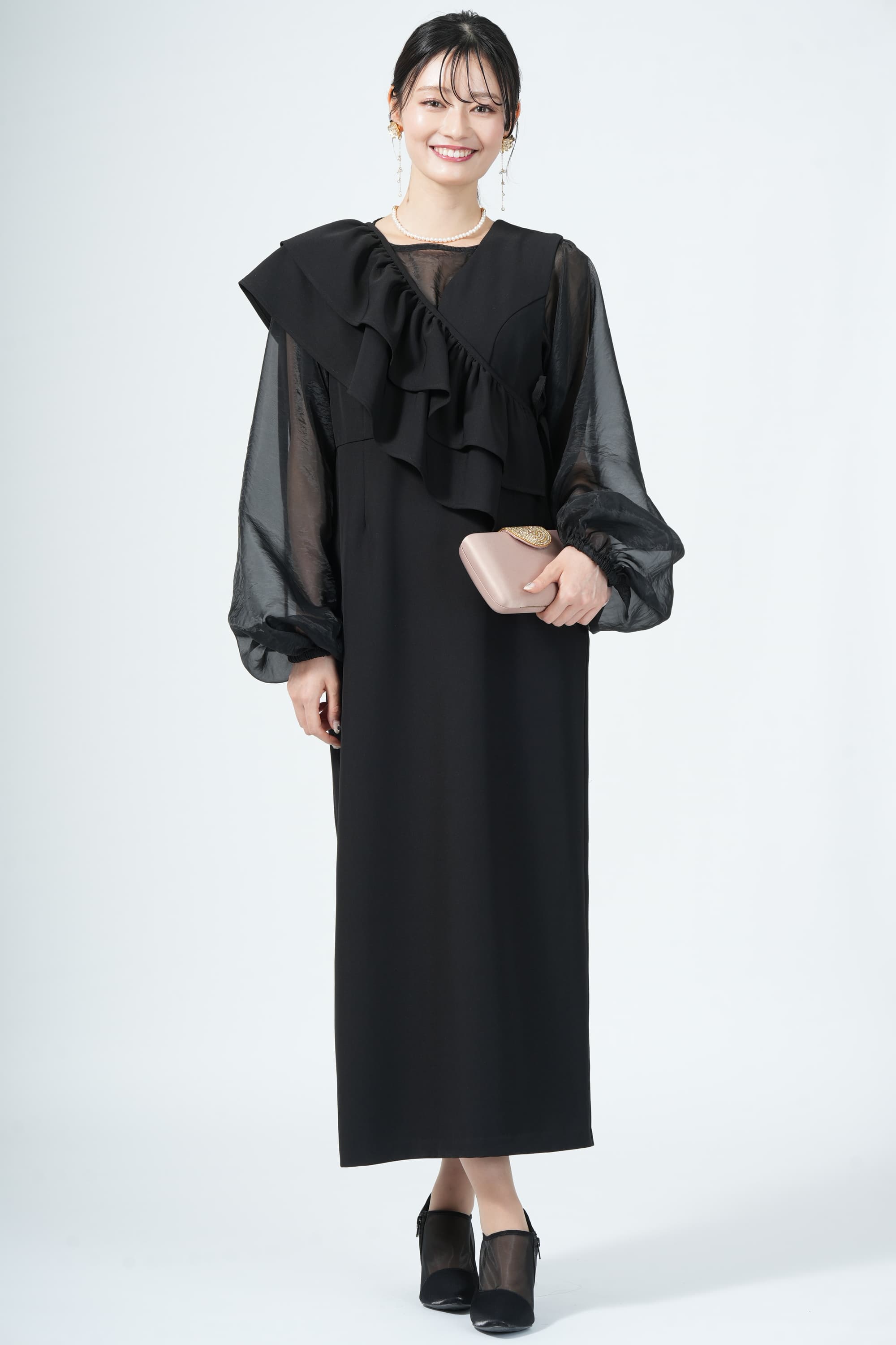 付けフリル×ジャンスカブラックドレス