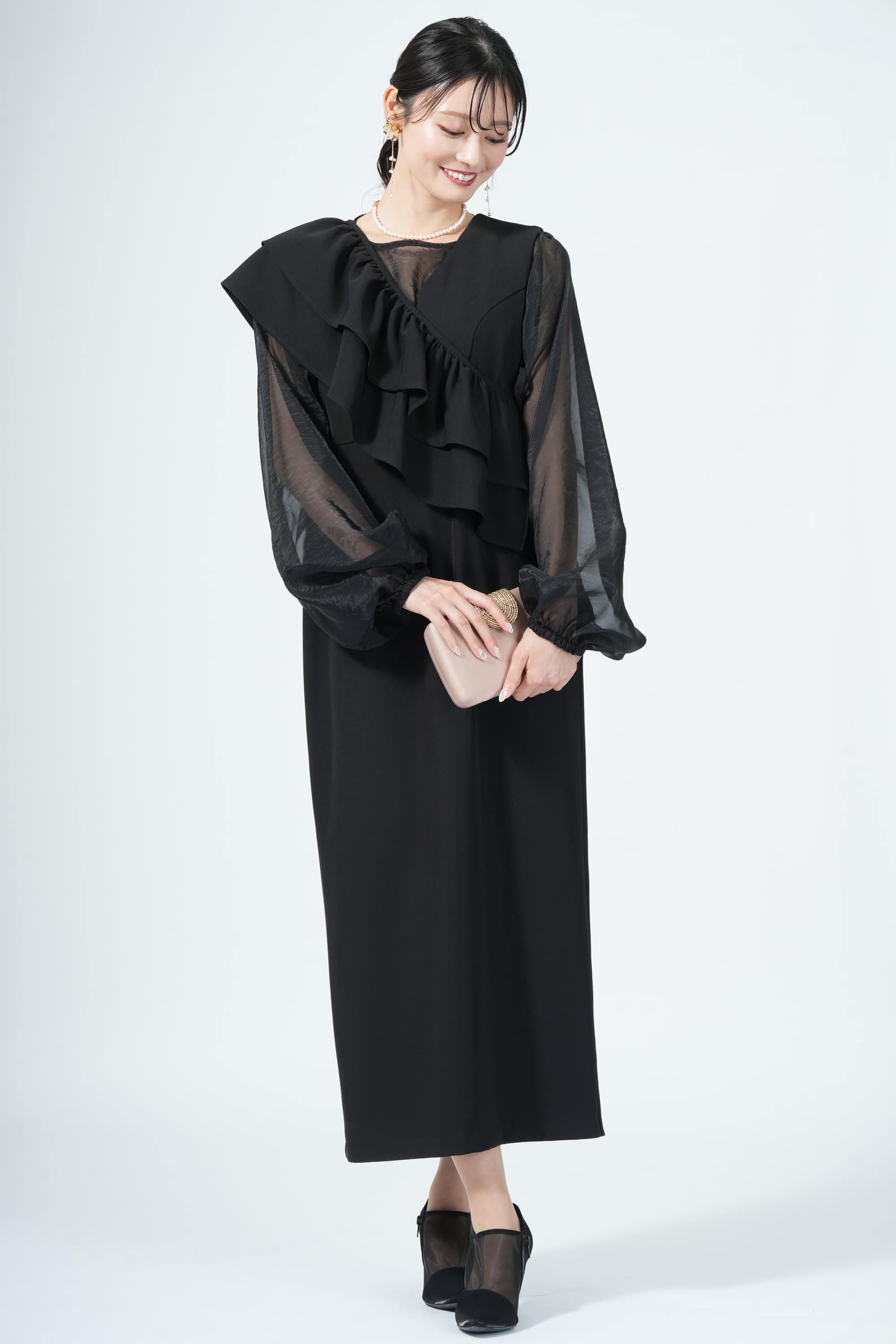 付けフリル×ジャンスカブラックドレス