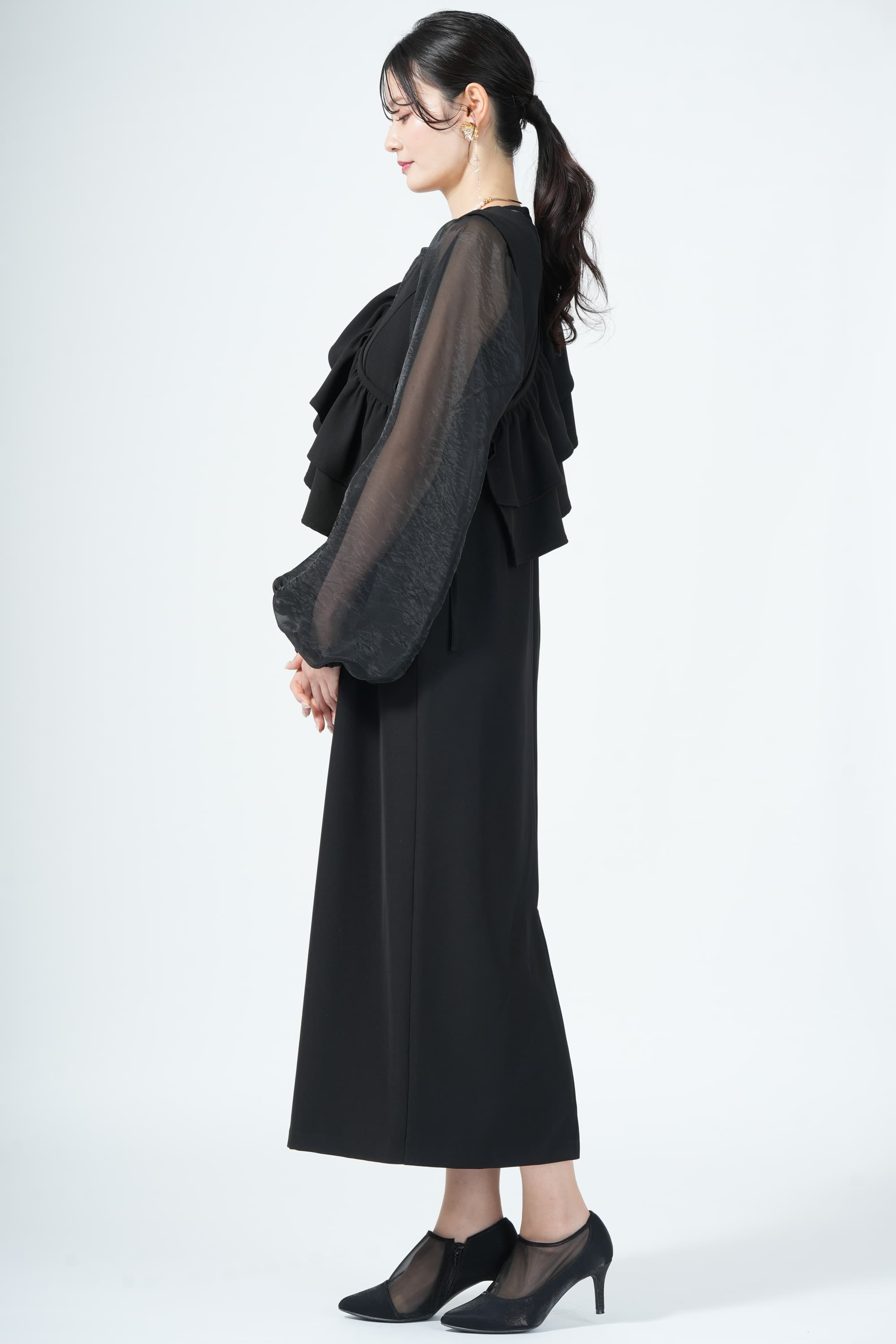 CAPRICIEUX LEMAGE オケージョンドレス ブラック PS CAPRICIEUX LE'MAGE 付けフリル×ジャンスカブラックドレス (S) を