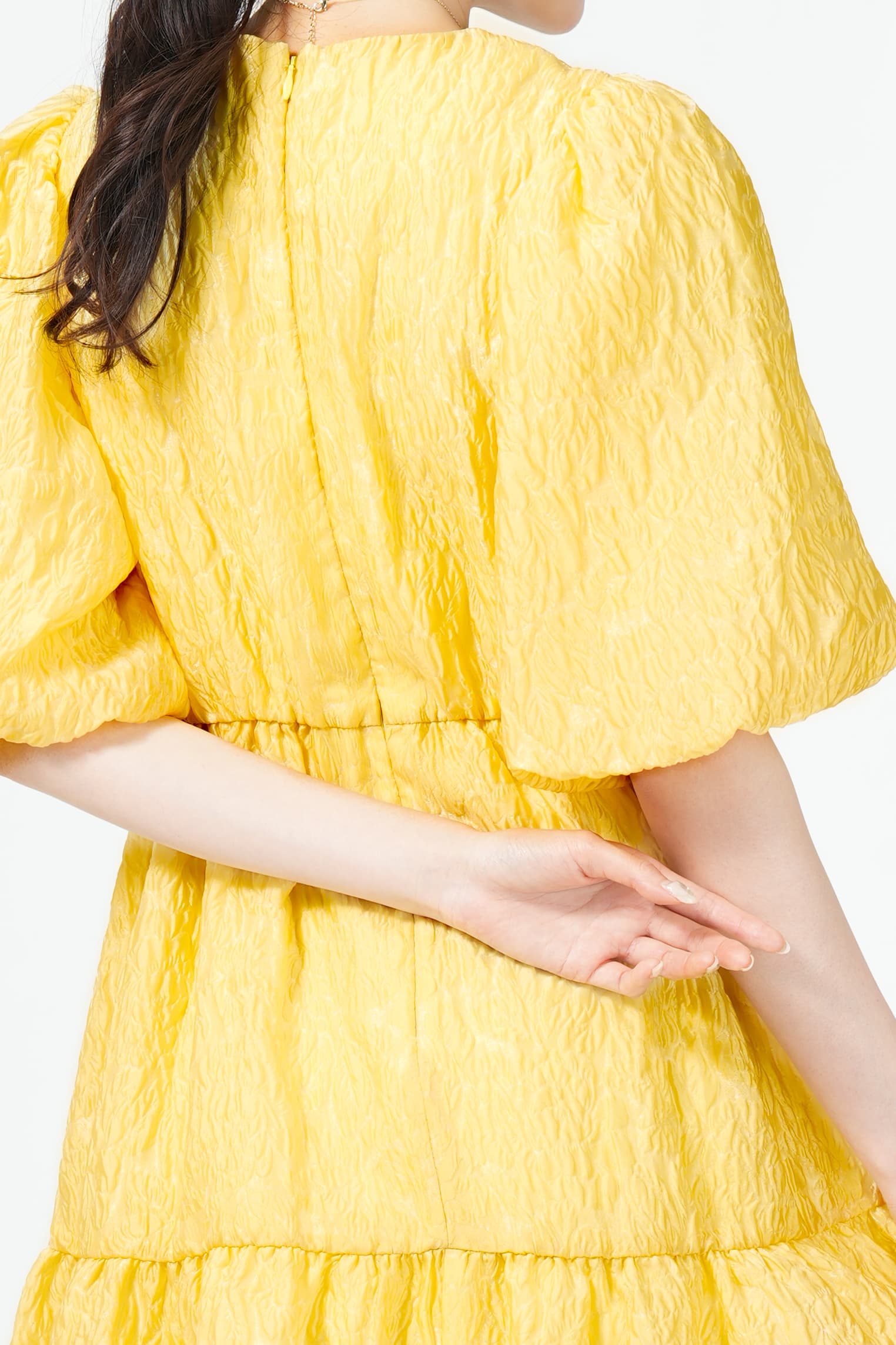 黄色　ふくれジャガード ワンピース/結婚式/お呼ばれパーティー発表会 楽天市場】【chaco】ふくれジャガード ワンピース/結婚式