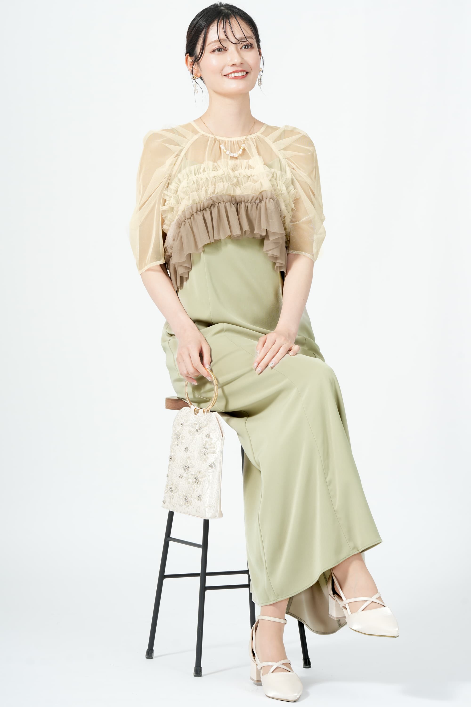 【クリーニング済】LE’RURE　オケージョンワンピース　グリーン　Mサイズ LE'RURE｜リルアー（レディース）のドレス（グリーン・カーキ