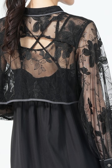 刺繍シャツレイヤードブラックドレス