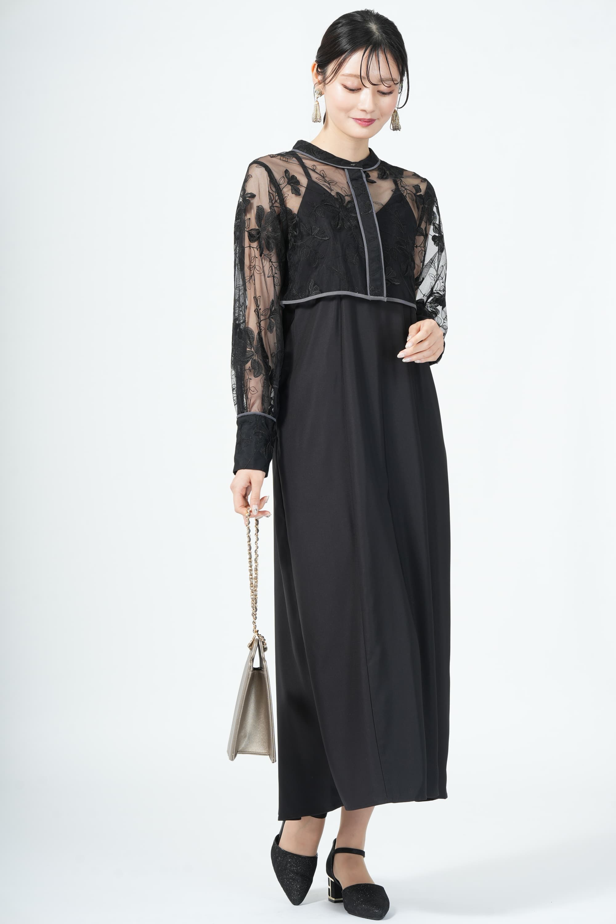 刺繍シャツレイヤードブラックドレス