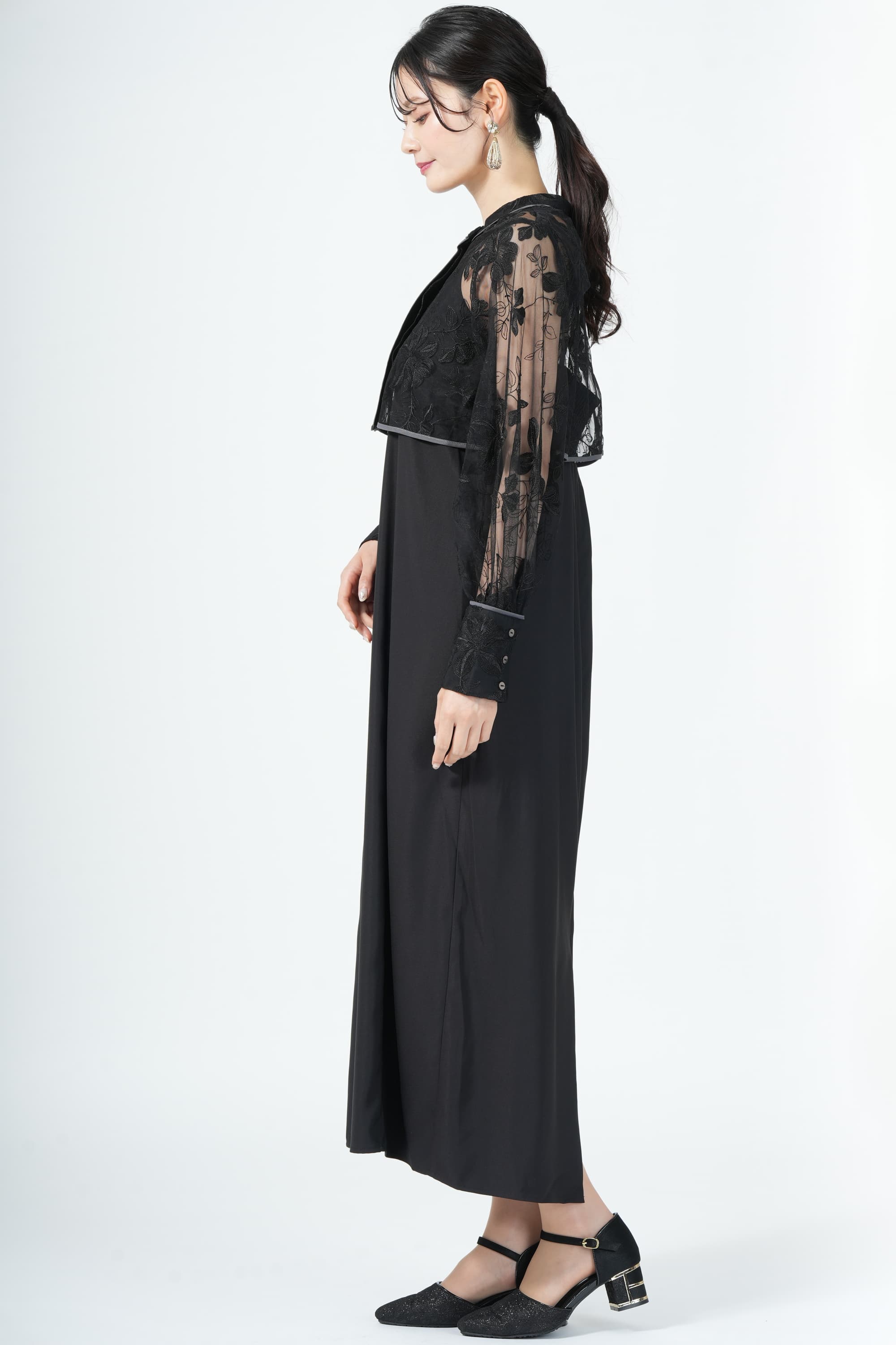 刺繍シャツレイヤードブラックドレス
