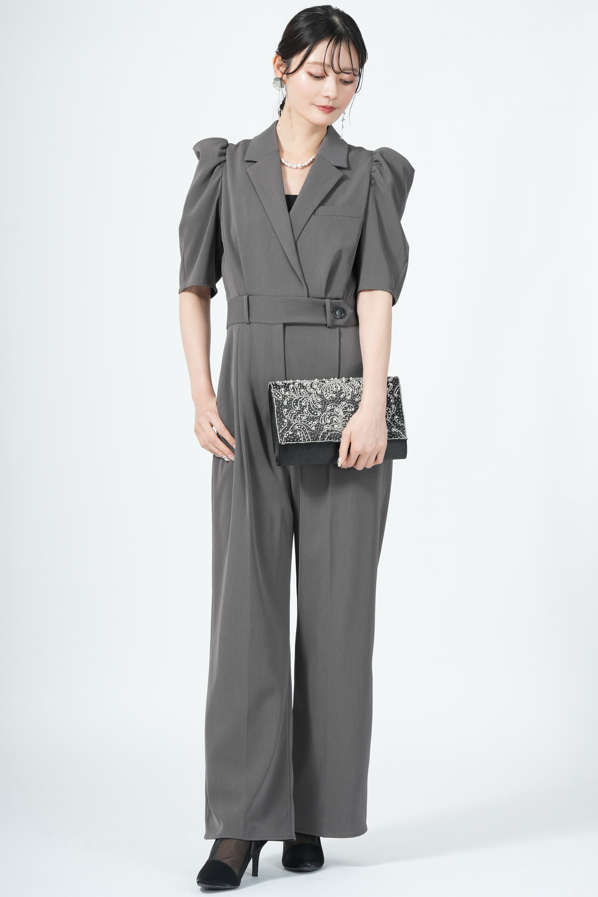 ウール調テーラードグレーパンツドレス