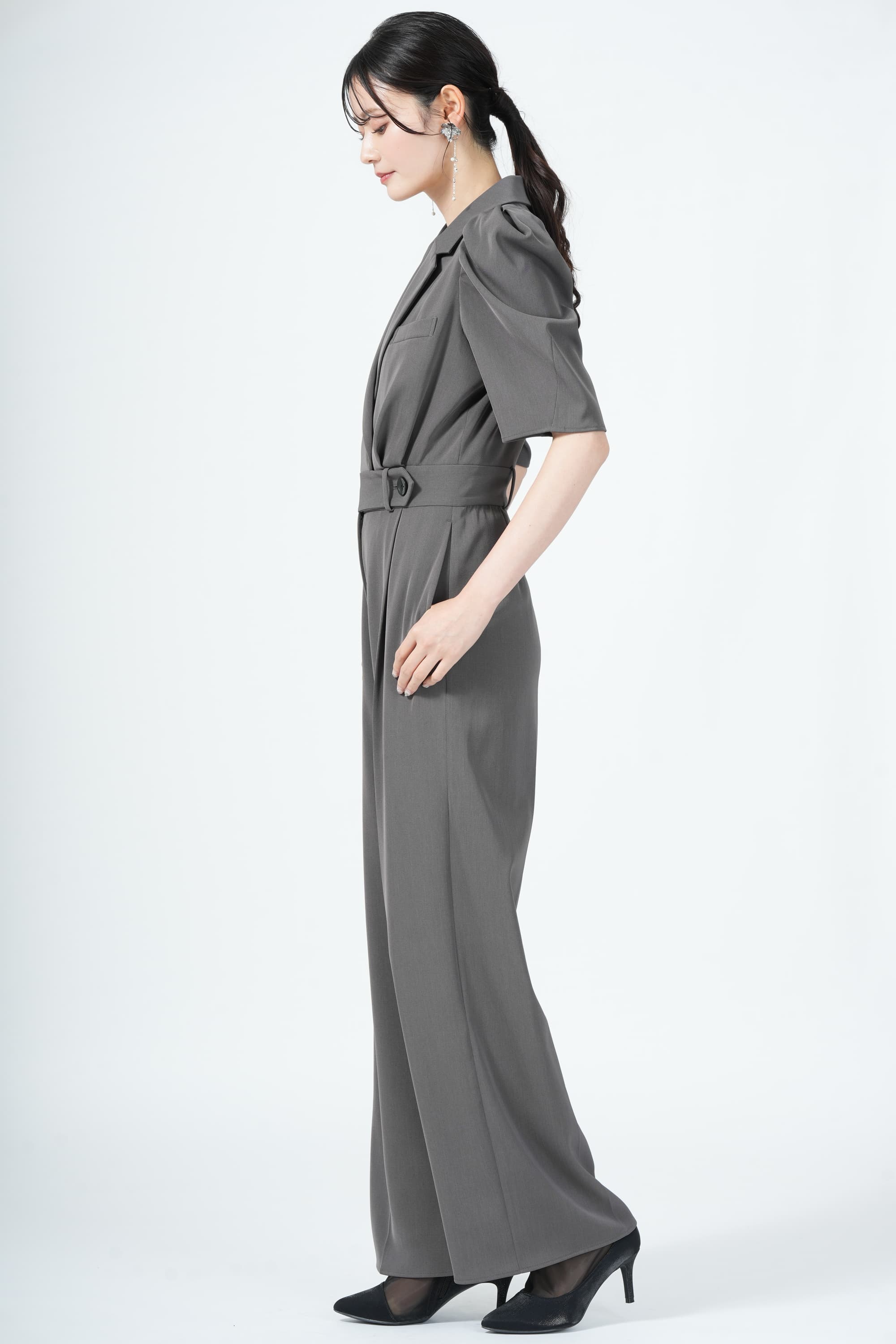 ウール調テーラードグレーパンツドレス