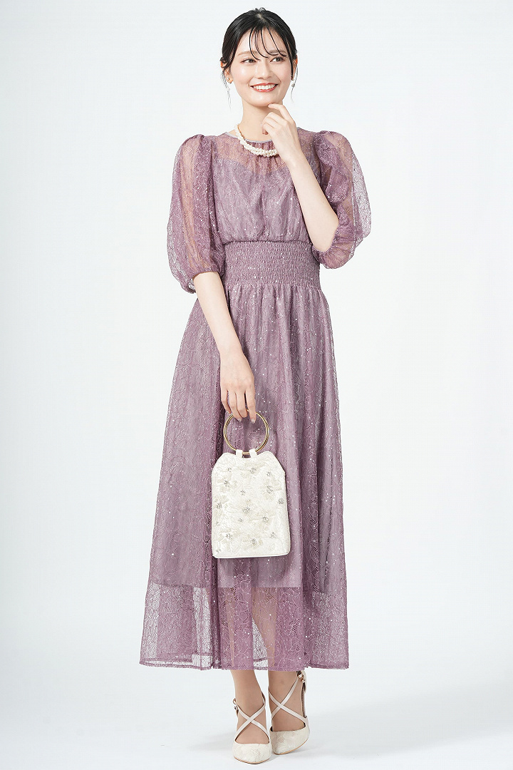 スパンコール混レースモーブドレス