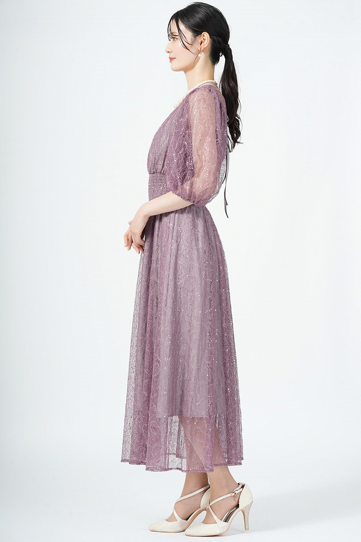 スパンコール混レースモーブドレス