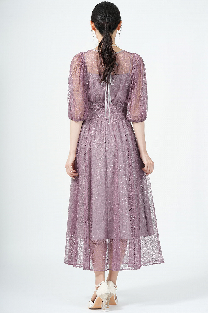 スパンコール混レースモーブドレス