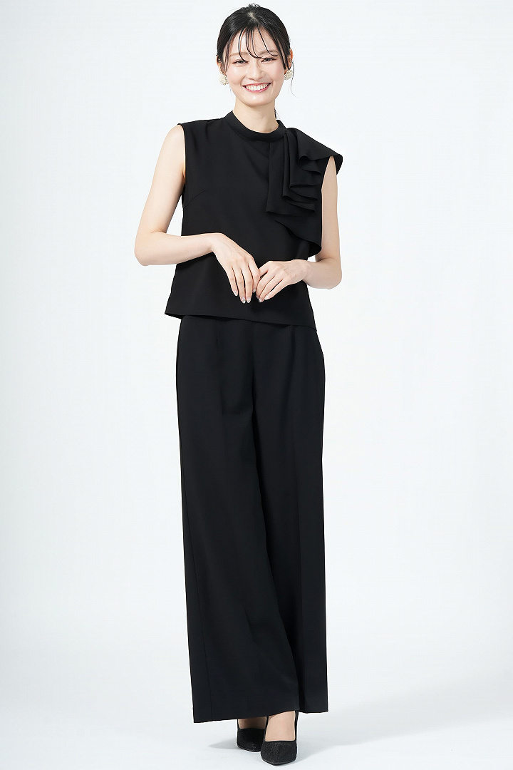アシメラッフルカラーブラックパンツドレス