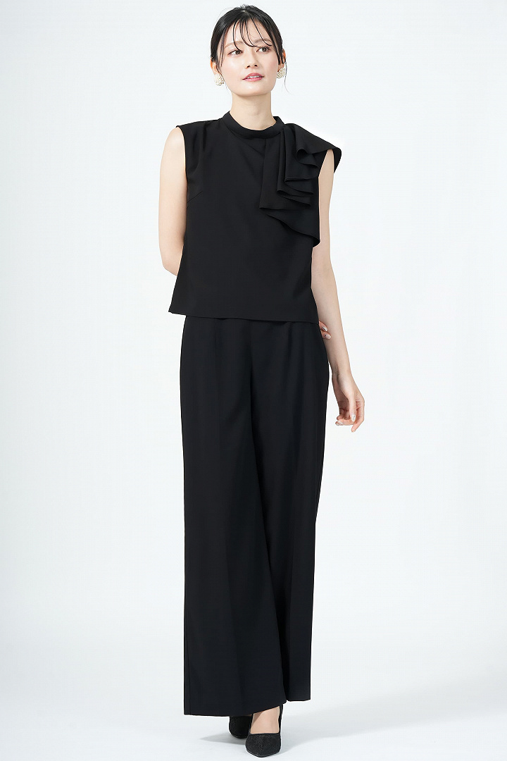 アシメラッフルカラーブラックパンツドレス
