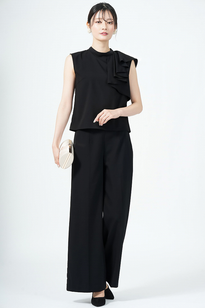 アシメラッフルカラーブラックパンツドレス