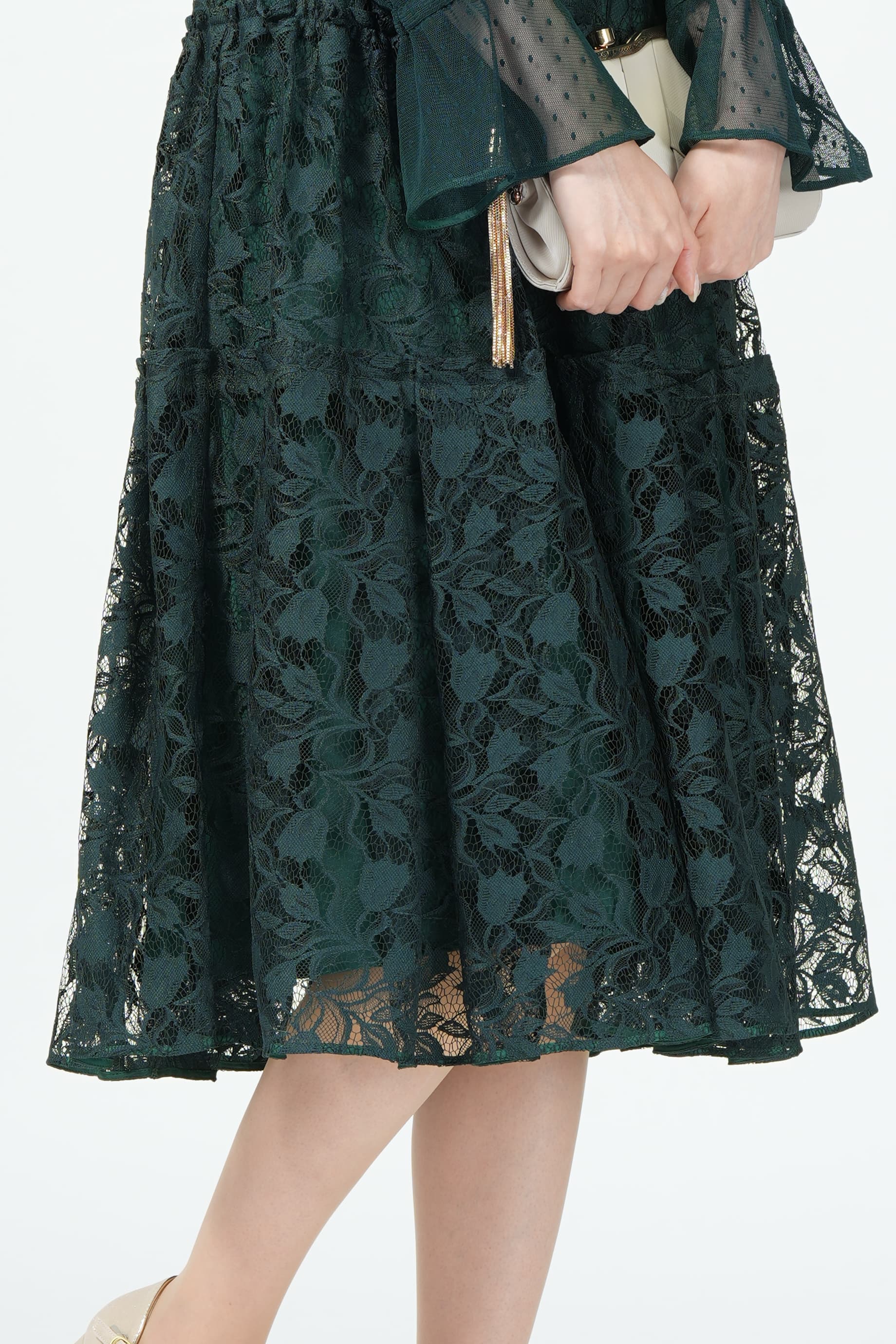 23区 異素材レース切り替えティアードグリーンドレス (L〜LL) を