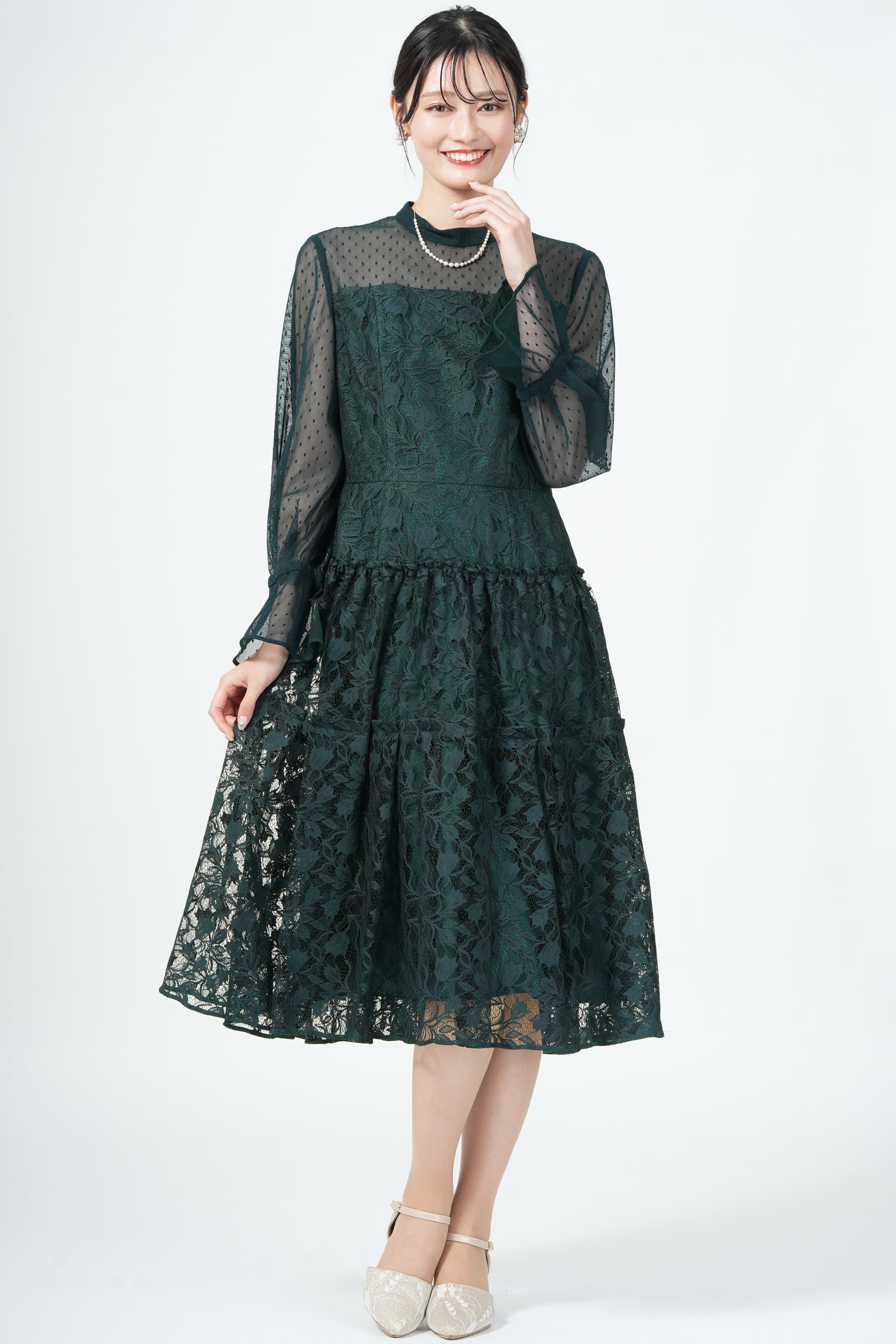 23区 異素材レース切り替えティアードグリーンドレス (L〜LL) を