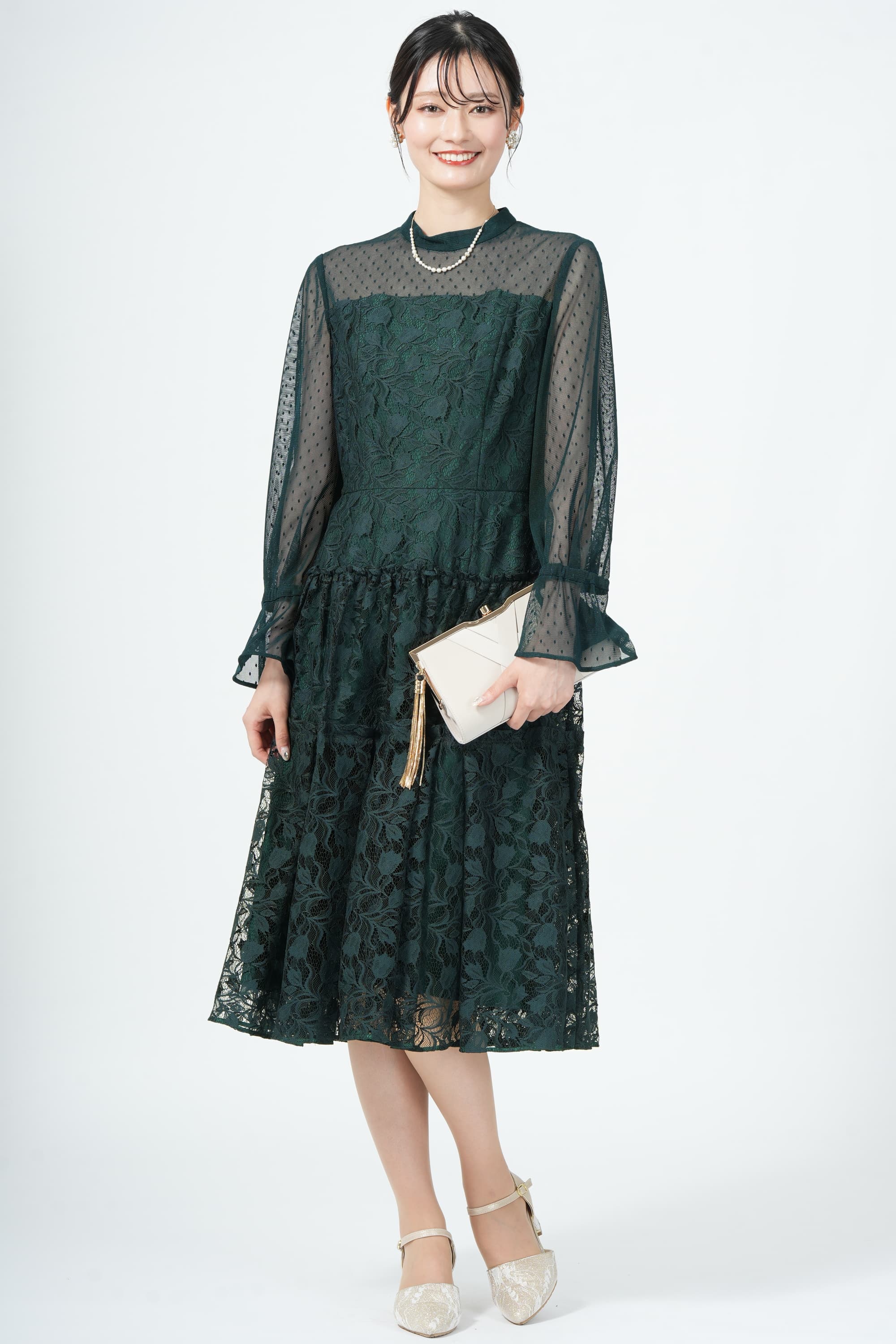 23区 異素材レース切り替えティアードグリーンドレス (L〜LL) を
