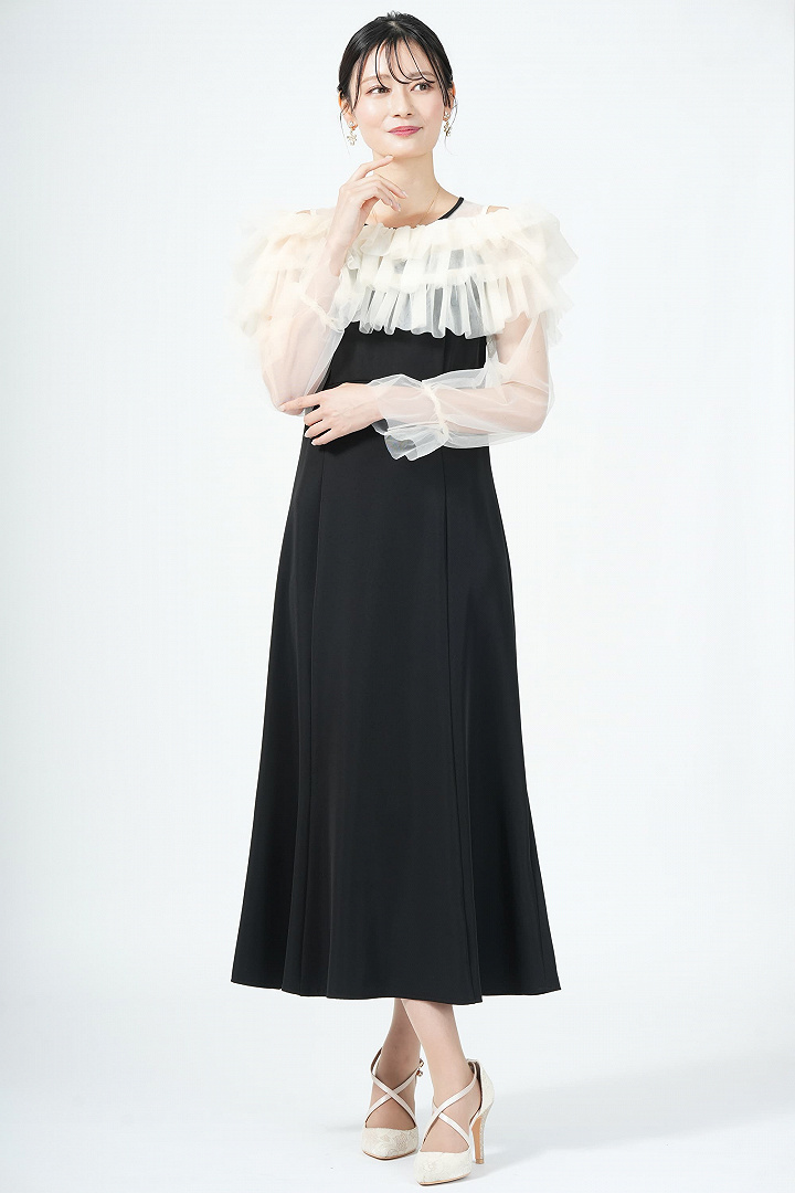 ギャザー袖フリルボレロブラックドレス