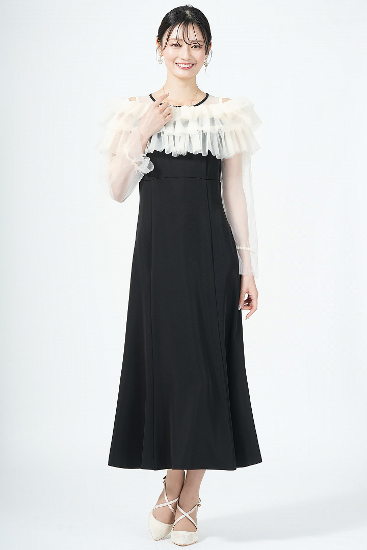 ギャザー袖フリルボレロブラックドレス