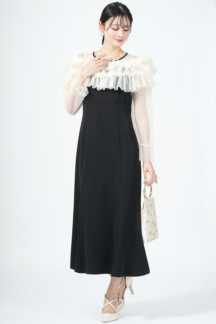 ギャザー袖フリルボレロブラックドレス