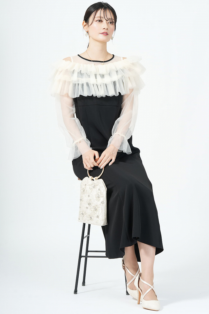 ギャザー袖フリルボレロブラックドレス