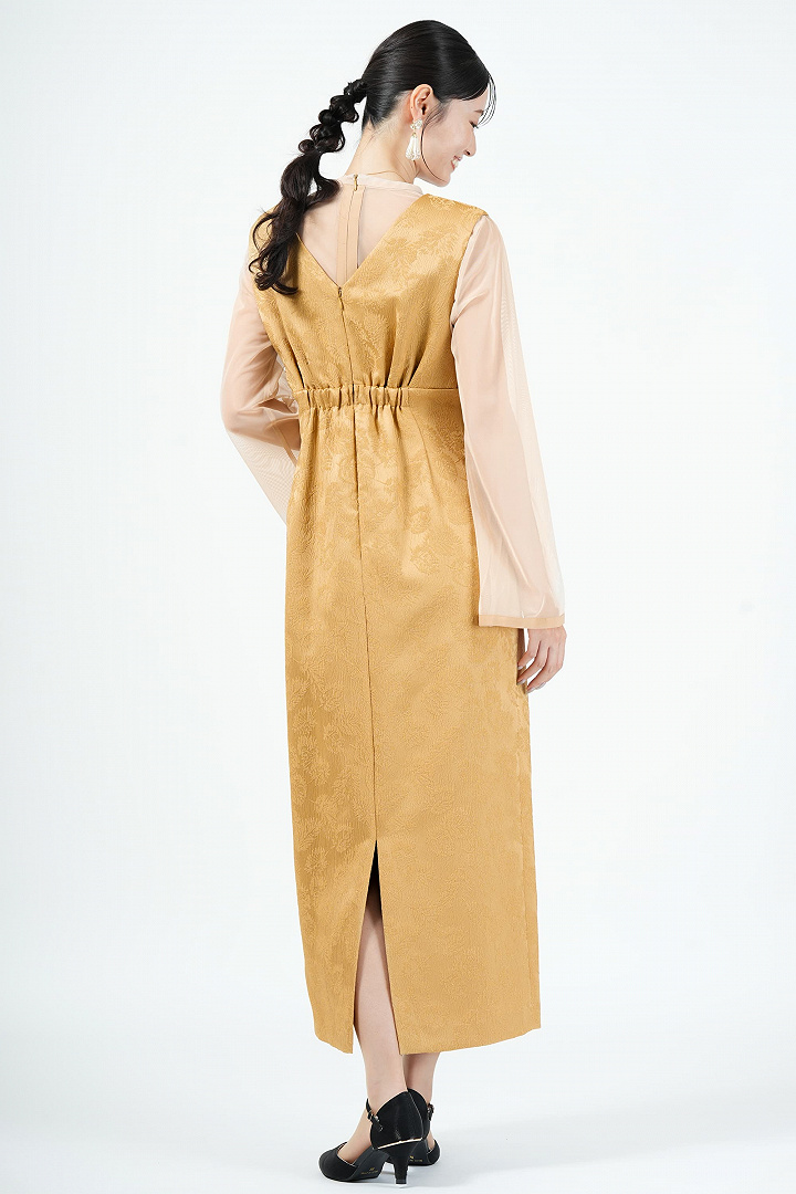 リーフ柄ジャガードジャンスカマスタードドレス