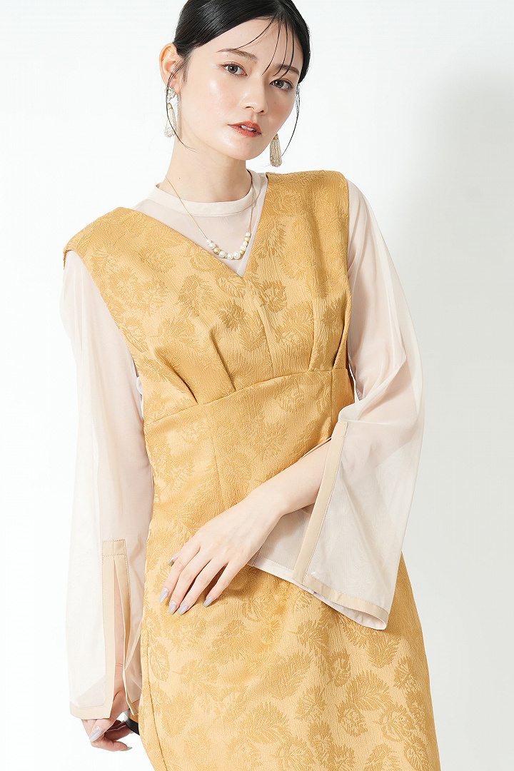 リーフ柄ジャガードジャンスカマスタードドレス