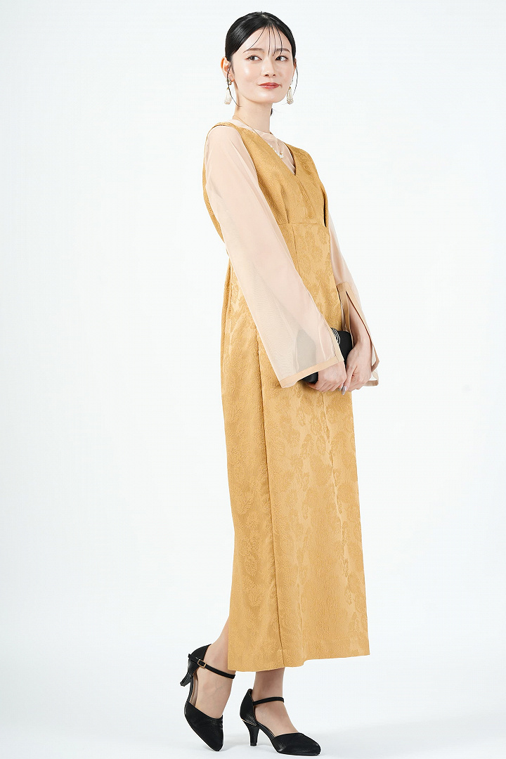 リーフ柄ジャガードジャンスカマスタードドレス