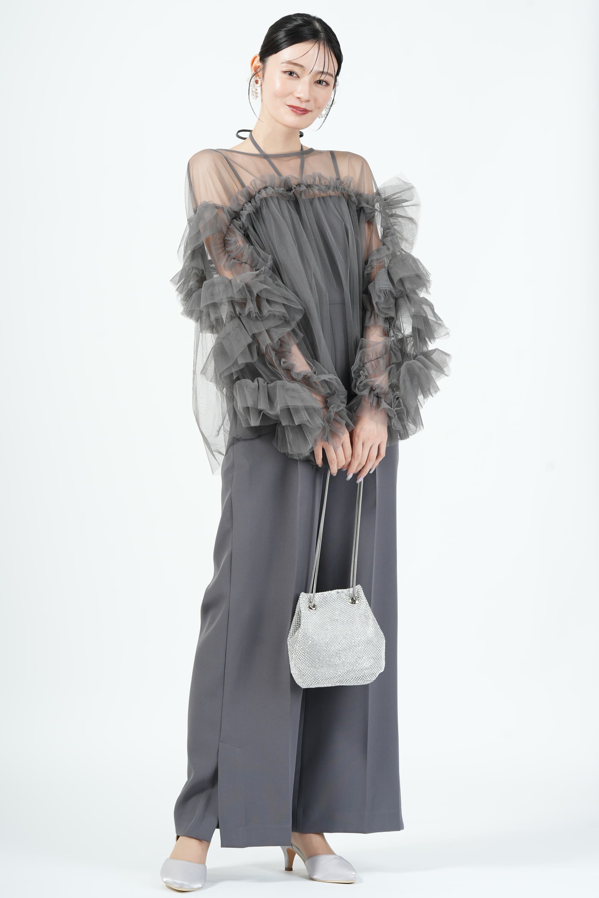 ANDRESD チュール×ダブルクロスチャコールパンツドレス (M) を